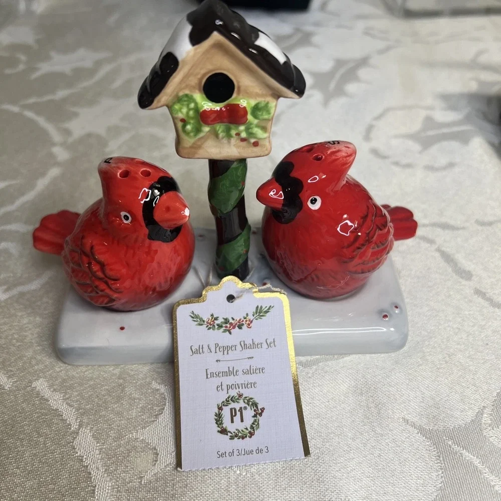 Pier 1 Ceramic Cardinal Salt & Pepper Shaker Set Christmas Winter Birdhouse